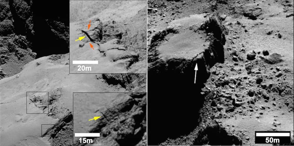 Deux exemples de fractures observées par Rosetta dans la région d’Ash, sur le plus grand des deux lobes du noyau de Tchouri. À gauche, dans l’encadré du haut, les flèches orange indiquent les fractures les plus anciennes. La jaune en montre une plus récente dont la largeur est estimée de 1 à 1,2 m. À droite, on distingue un relief peu à peu grignoté par l’érosion, Une grosse fracture est indiquée par la flèche. Des éboulis témoignent du démantèlement de la falaise. © Esa, Rosetta, <em>MPS for OSIRIS Team MPS</em>, UPD, LAM, IAA, SSO, INTA, UPM, DASP, IDA