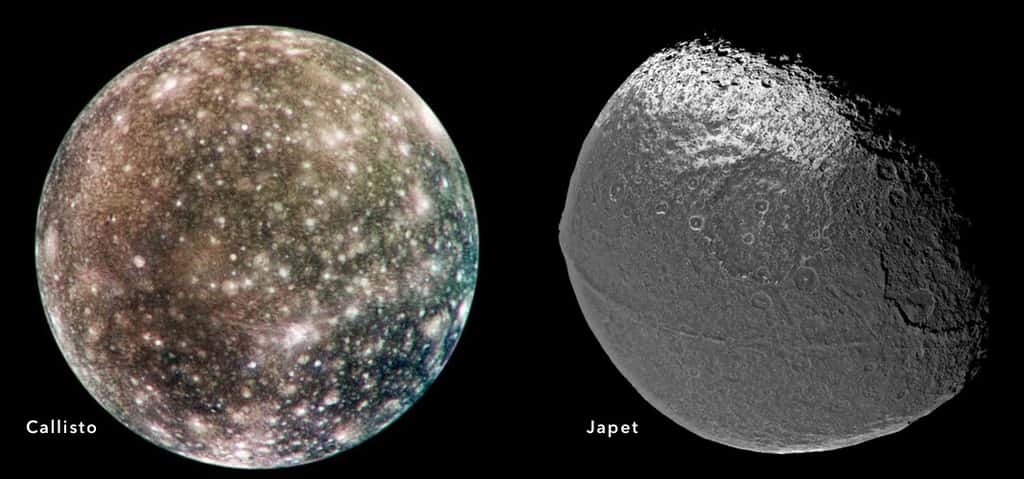 En étudiant l’orbite de Callisto (4.820 km de diamètre) autour de Jupiter et celui de Japet (1.436 km de diamètre) autour de Saturne, les chercheurs ont pu déterminer laquelle des deux planètes géantes pourrait être responsable de l’expulsion de l’hypothétique cinquième. © Nasa, JPL, DLR, Space Science Institute