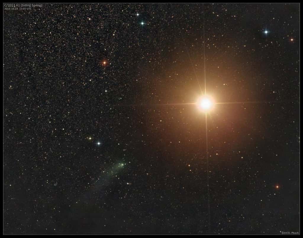 Vue de la Terre, cette fois. L’astrophotographe Damian Peach a imagé la comète Siding Spring, quelques heures avant sa rencontre avec Mars, le 19 octobre. Le petit corps glacé de 500 m était environ 1.000 fois moins brillant que la planète rouge, visible en ce moment aux portes de la constellation du Sagittaire. © Damian Peach