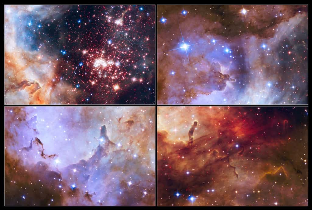 L’amas Westerlund 2 regroupe environ 3.000 étoiles âgées en moyenne de seulement 2 millions d’années. En haut à droite et en bas, gros plans sur quelques piliers de gaz de cette région, située à 20.000 années-lumière de nous et où bourgeonnent d’autres étoiles. © Nasa, Esa, <em>the Hubble Heritage Team</em> (STScI/AURA), A. Nota (ESA/STScI), <em>the Westerlund 2 Science Team</em>