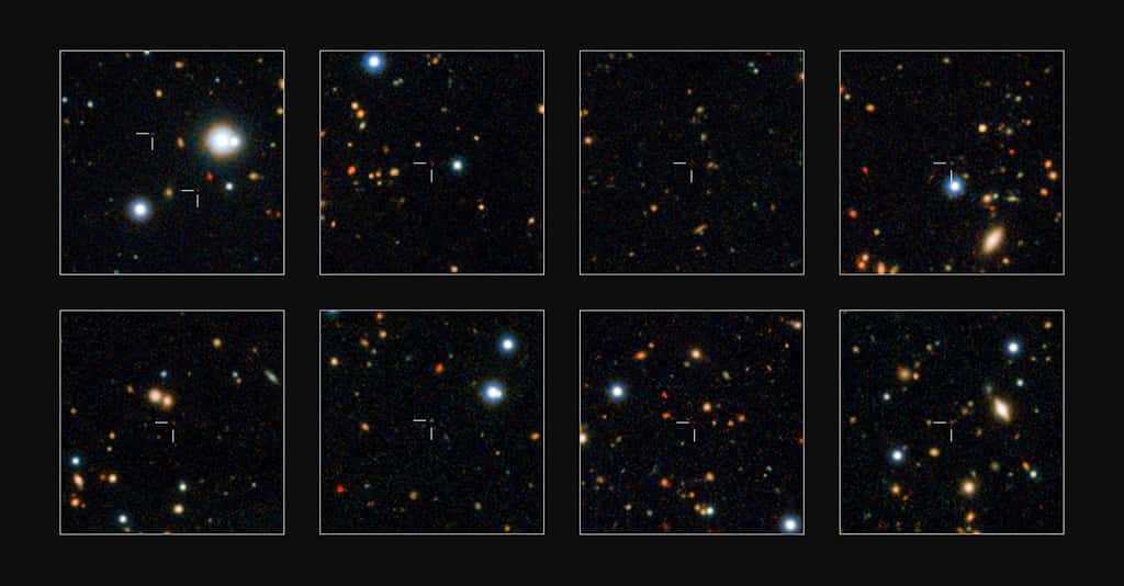 Quelques-unes des galaxies massives nouvellement découvertes figurent en gros plan sur ces échantillons du champ d’observation UtraVista. © Eso, UltraVista team, TERAPIX, CNRS, INSU, CASU