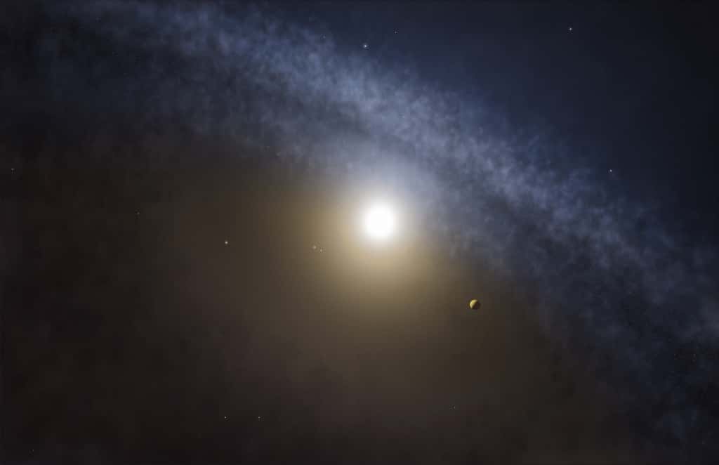 Illustration d’une planète géante autour d’une jeune étoile. Pour les chercheurs, dans les quatre cas observés, elles ont nettoyé le gaz à mesure qu’elles décrivaient leurs orbites autour de l’étoile centrale et piégé les particules de poussière en périphérie. © Alma, Eso, NAOJ, NRAO, M. Kornmesser