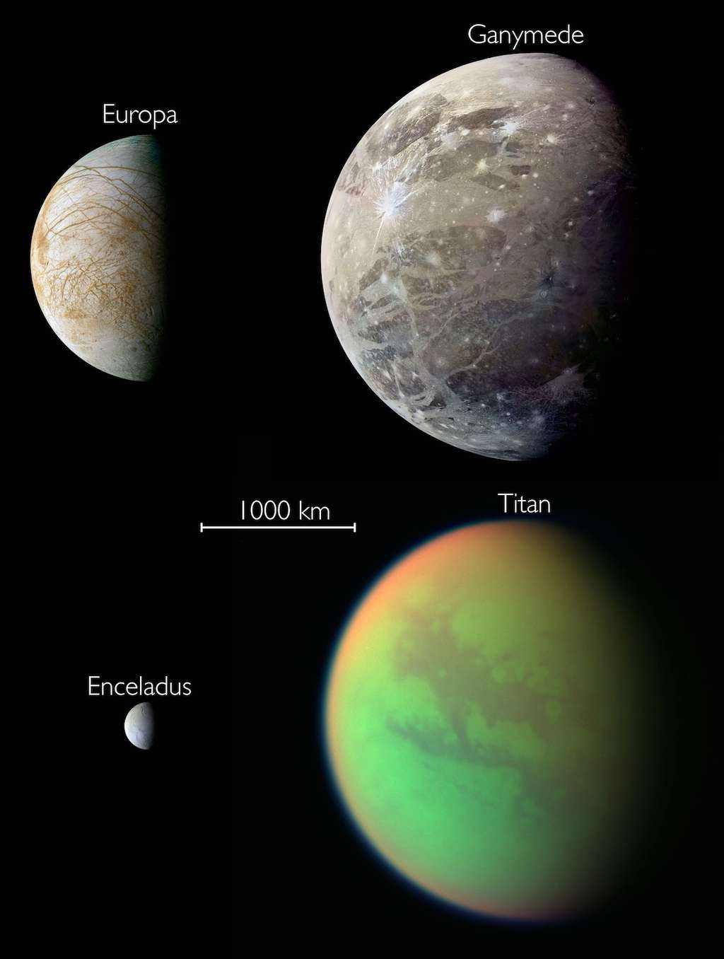 Outre la Terre ou encore Mars dans le passé, Europe, Ganymède, Titan et Encelade sont des mondes potentiellement habitables dans notre Système solaire. Quatre satellites naturels où l’eau (à l’état liquide, gazeux ou solide) abonde. © René Heller, Nasa, JPL, Space Science Institute, Ted Stryk