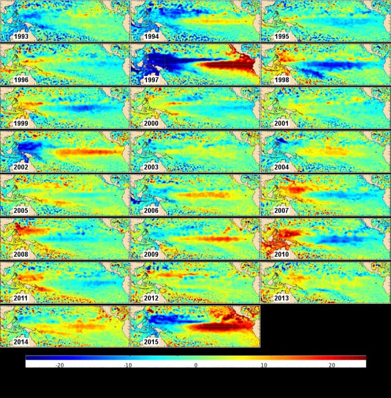 El Niño, millésime 2015, est le plus intense depuis 1997 comme le montrent ces cartes des anomalies moyennes de hauteurs de mer, exprimées en centimètres, pour les mois de novembre et les premières mesures spatiales réalisées par Topex-Poséidon en 1993. © Aviso, Cnes, CLS 2015