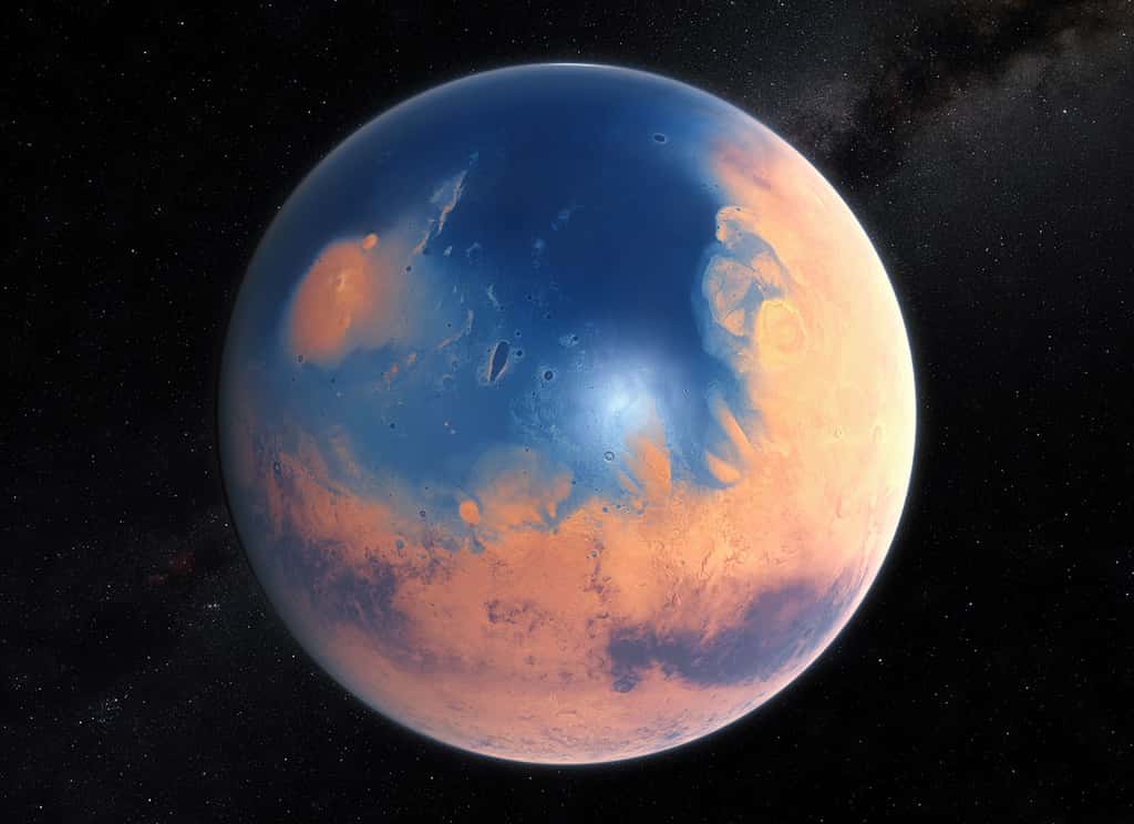 Illustration de la surface de Mars en partie recouverte d’eau liquide au cours du Noachien, il y a environ 4 milliards d’années, première période géologique de son histoire. © Eso, M. Kornmesser, N. Risinger