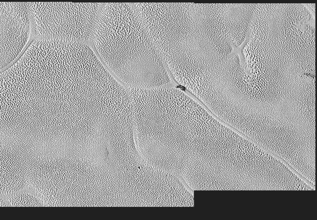 Extrait de la mosaïque d’images de la plaine de Spoutnik réalisée le 14 juillet 2015 avec le télescope Lorri de New Horizons, à 17.000 km de Pluton. Les multiples points noirs sont des puits exhalant l’azote par sublimation. Les lignes bordent des cellules bombées en leur centre. La glace d’azote un peu plus chaude venue des profondeurs remonte doucement vers la surface puis replonge par ses bords. Les lignes de jonction se croisent et parfois s’estompent, créant des figures en forme de X ou de croix. Voir l’image complète couvrant 700 x 80 km <a href="http://www.nasa.gov/sites/default/files/thumbnails/image/new.sputnik.top_.jpg" target="_blank">ici</a>. © Nasa, JHUAPL, SwRI