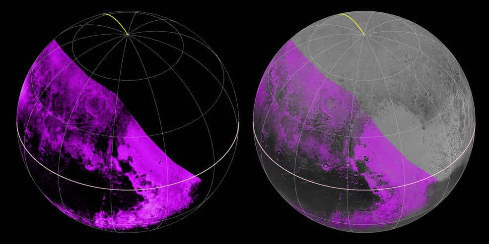 En violet, distribution du méthane à la surface de Pluton. Les images ont été réalisées avec le spectromètre infrarouge Ralph/Leisa de New Horizons et combinées (à droite) avec celles de Lorri. La bande sombre, nommée Cthulhu Regio, sur l’équateur de la planète naine, n’affiche pratiquement aucune trace de méthane. En revanche, il est abondant dans la plaine Spoutnik. La distribution est plus hétérogène dans le reste de la portion de l’hémisphère nord observée. © Nasa, JHUAPL, SwRI