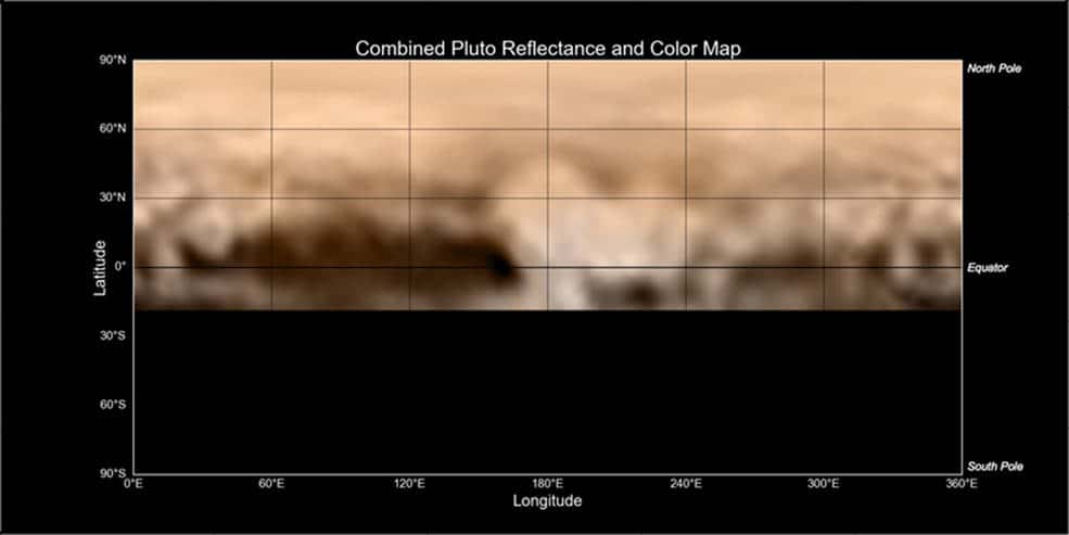 Une nouvelle carte de Pluton créée à partir des données de Lorri et Ralph, deux des sept instruments de New Horizons. La région claire au centre sera survolée par la sonde spatiale le 14 juillet prochain. © Nasa, JHUAPL, SwRI 