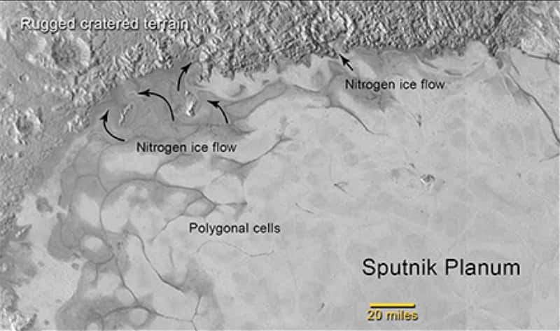 Détails des cellules de glace d’azote (<em>nitrogen</em>) cernées de matière noire dans la plaine Spoutnik. © Nasa, JHUAPL, SwRI