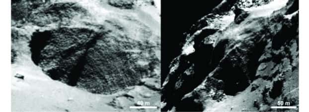 Exemple de trou circulaire observé sur le noyau de la comète Tchouri. L’augmentation du contraste révèle la présence d'activité. Image prise par la caméra Osiris-NAC, le 28 août 2014 depuis une distance de 60 km, avec une résolution spatiale de 1 mètre par pixel. © Esa, Rosetta, MPS, Osiris, MPS, UPD, LAM, IAA, SSO, INTA, UPM, DASP, IDA