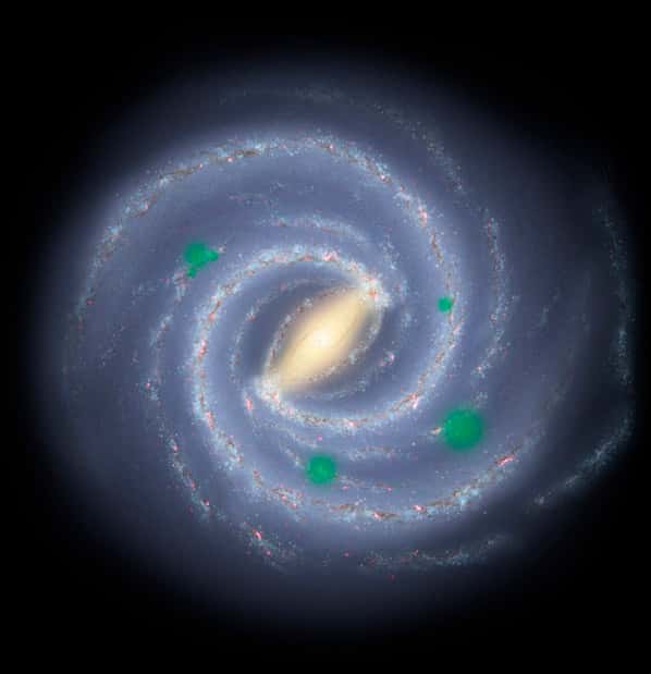 Sur ce schéma de notre galaxie, la Voie lactée, vue d’au-dessus, les taches vertes indiquent d’hypothétiques foyers où la vie pourrait essaimer. La détection de biosignatures regroupées dans certaines régions de la galaxie validerait le scénario d’une propagation de la vie d’une étoile à l’autre, c'est-à-dire le scénario de la panspermie. © Nasa, JPL, R. Hurt