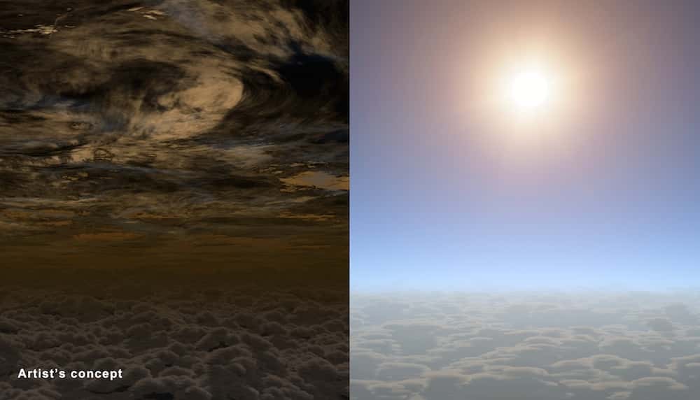 L’atmosphère de HAT-P-11b, comme si on y était. La partie gauche de l’illustration montre la haute atmosphère de cette exoplanète de taille équivalente à Neptune avec un amoncellement de nuages. À droite, la même région, cette fois par temps clair. Grâce à cette belle météo, les astronomes ont pu déceler la vapeur d’eau présente dans les couches inférieures. © Nasa, JPL-Caltech