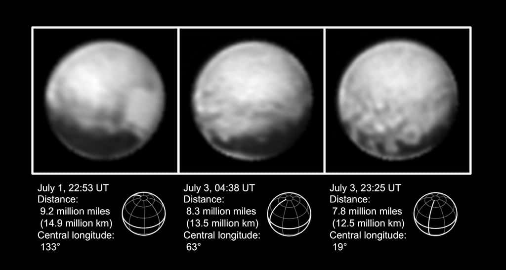 La planète naine Pluton photographiée entre le 1<sup>er</sup> et le 3 juillet avec le télescope Lorri de New Horizons. Le graphique en dessous précise la position de l’équateur de cette planète naine. On distingue une bande sombre tout au long qui se fragmente en grosses plaques (image de droite). La sonde spatiale survolera le 14 juillet la région claire qui est visible sur la partie droite de la première image. © Nasa, JHUAPL, SwRI
