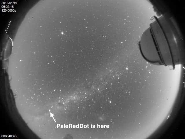 Position de Proxima du Centaure (<em>Pale Red Dot</em>, en anglais sur l'image) sur la voûte céleste. Cette image a été prise le 19 janvier 2016 à l’observatoire de La Silla (Chili). Vivez en direct les observations de cette étoile voisine sur Twitter et le blog <a href="https://palereddot.org/" title="Pale Red Dot" target="_blank">Palereddot.org</a>. © Eso, <em>Pale Red Dot</em>