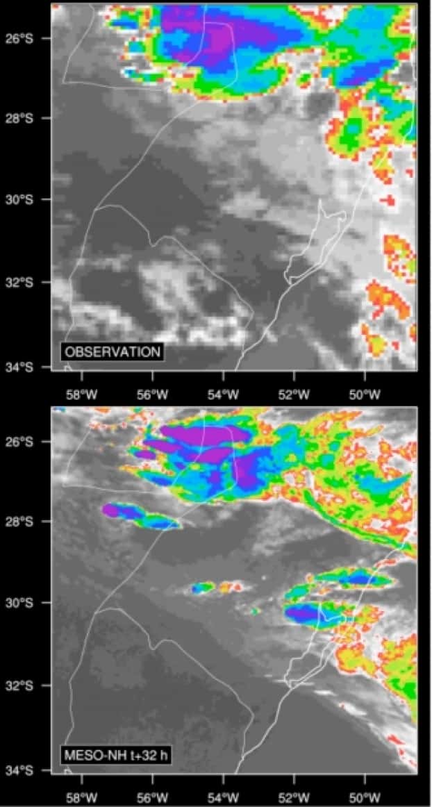 Couverture nuageuse vue par le satellite Meteosat (température de brillance en infrarouge, en haut) et par le modèle (en bas) montrant un système orageux à la frontière du Brésil, de l’Uruguay et de l’Argentine. © Meteosat, INPE, LA, OMP, UPS, CNRS