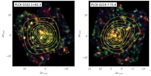 Deux candidats d’amas de galaxies à grand <em>redshift</em> débusqués avec Herschel-Spire. Ces images composites en trois couleurs représentent en bleu l’image à 250 microns de longueur d’onde, en vert 350 microns et en rouge 500 microns. Les contours jaunes représentent l’excès de densité de galaxies, mettant en évidence d’impressionnantes surdensités de galaxies. Le contour blanc représente la zone de détection dans Planck. © Esa <em>and the Planck Collaboration</em>, H. Dole, D. Guéry, G. Hurier, IAS, université Paris-Sud, CNRS, Cnes