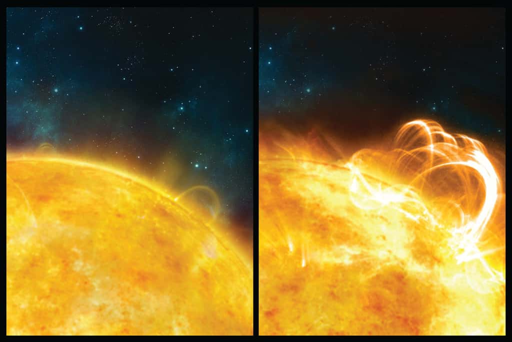 À gauche : illustration du Soleil dans une phase tranquille. À droite : une superéruption jaillit du Soleil. © <em>University of Warwick</em>, Ronald Warmington