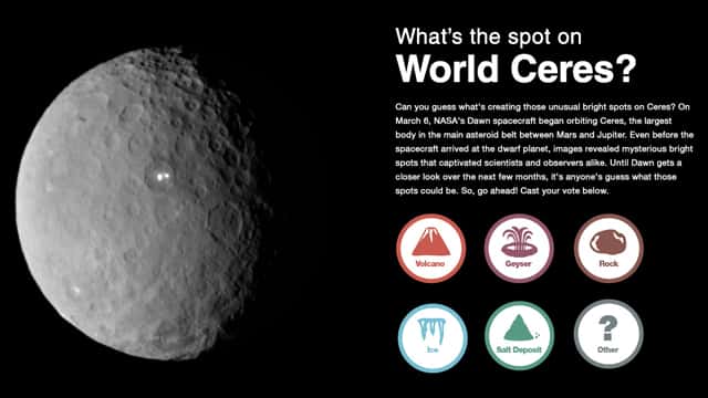 Selon vous, que sont ces taches brillantes sur Cérès ? Des volcans, des geysers, des roches, de la glace, des dépôts de sel ou autre ? Vous pouvez voter sur ce site de la <a href="http://www.jpl.nasa.gov/dawn/world_ceres/" title="What&#039;s the spot on world Ceres ?" target="_blank">Nasa</a>. © Nasa, JPL-Caltech