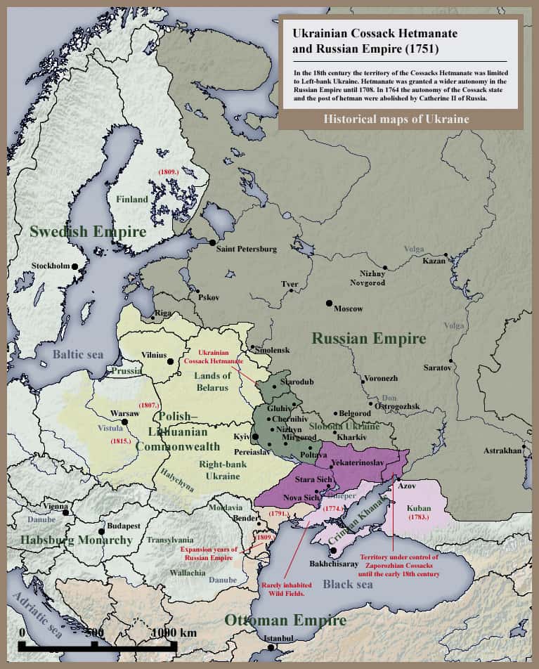 Les territoires cosaques sous l'Empire russe en 1751. © SeikoEn, <em>Wikimedia Commons</em>, CC by-sa 3.0 