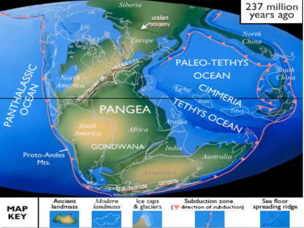 Reconstruction de la Pangée il y a 237 millions d’années, dont la formation a donné naissance à la chaîne hercynienne, aussi appelée chaîne varisque. © Salsero35, Wikimedia Commons, CC by-sa 4.0