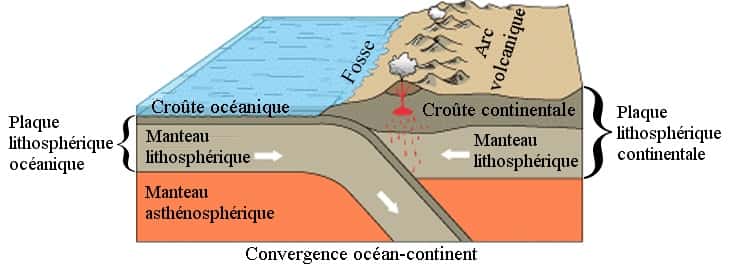 Schéma représentant une zone de subduction avec le slab (plaque plongeante) et la plaque chevauchante sur laquelle va se construire l'arc magmatique © USGS, <em>Wikimédia Commons</em>, domaine public