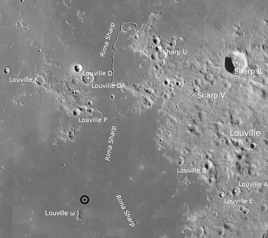 Carte localisant le site d’atterrissage de la sonde Chang’e 5 sur la Lune (cercle noir) et indiquant le contexte géologique des échantillons. © Nasa, LRO-LROC-Team, Wikimedia Commons, domaine public