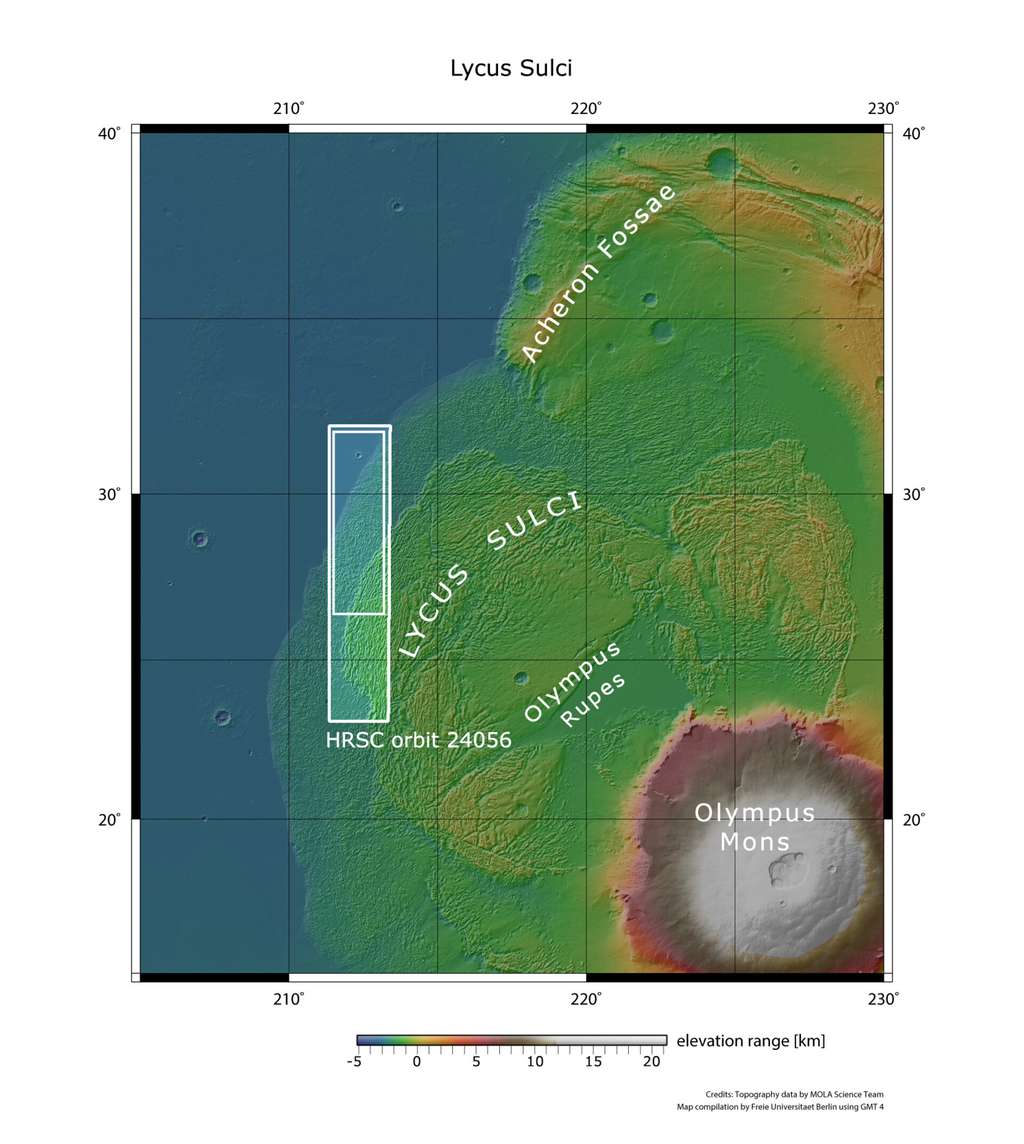 Cette carte permet de se rendre compte de l'ampleur des glissements de terrain qui ont dévalé les pentes du volcan il y a des centaines de millions d'années. © Nasa/MGS/<em>Mola Science Team</em>