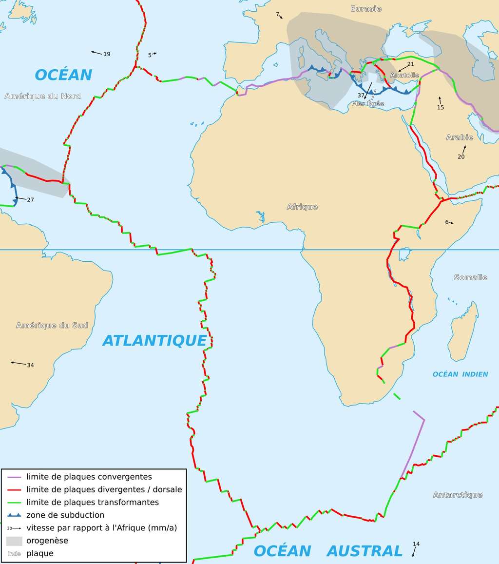 La plaque Africaine et ses limites. On remarque la frontière convergente avec la plaque Eurasienne qui affecte le littoral algérien et le maroc © Sting and Rémih, <em>Wikimedia Commons</em>, cc by-sa 2.5
