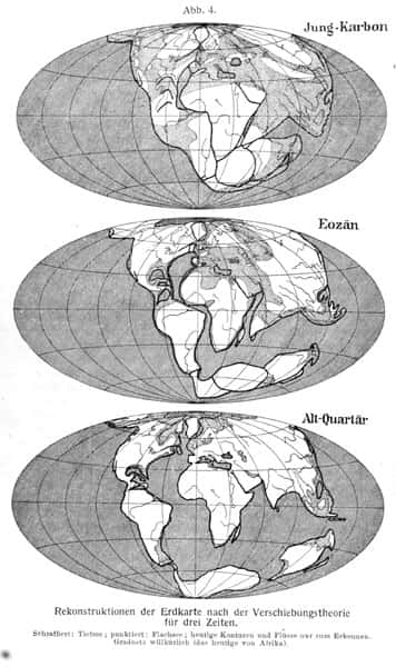 La reconstitution du continent unique Pangée par Wegener en 1929. © <em>Inductiveload, Wikimedia Commons</em>, domaine public