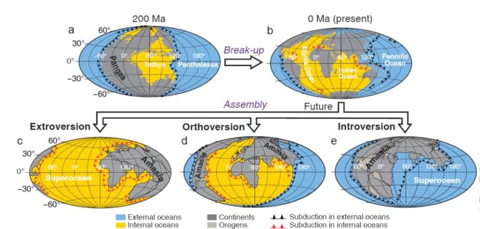 Les différents modèles de formation du prochain supercontinent Amasia : par extroversion (fermeture du Pacifique), par orthoversion (fermeture le long de la suture de la Pangée) ou par introversion (fermeture de l'Atlantique). © Huang et <em>al.</em>, 2022, <em>National Science Review</em>, CC by 4.0