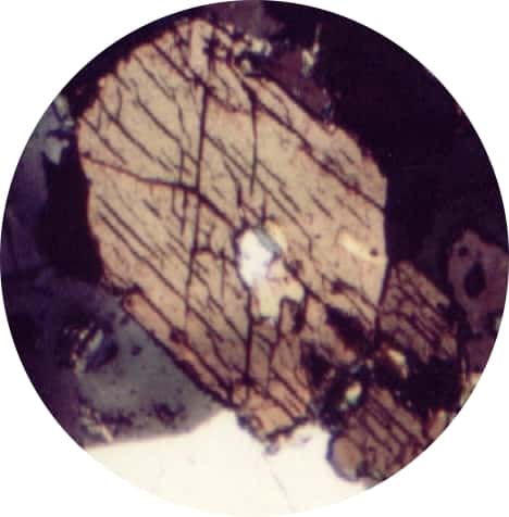 Amphibole vue en lame mince au microscope à lumière polarisée. Les deux plans de clivage sont visibles (rayures noires), formant un angle de 124° entre eux. © Zimbres, Wikimedia Commons, CC BY-SA 2.5