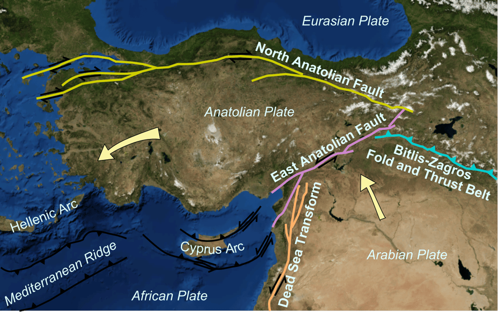Carte montrant la configuration tectonique, avec la plaque arabe imprimant une poussée vers le nord et éjectant le bloc anatolien vers l'ouest. Ce mouvement est à l'origine de deux grands systèmes de failles : la faille nord-anatolienne et la faille est-anatolienne. C'est sur cette dernière, tout à l'ouest, qu'a eu lieu le séisme le 6 février 2023. © Mikenorton, Wikimedia Commons, CC BY-SA 3.0