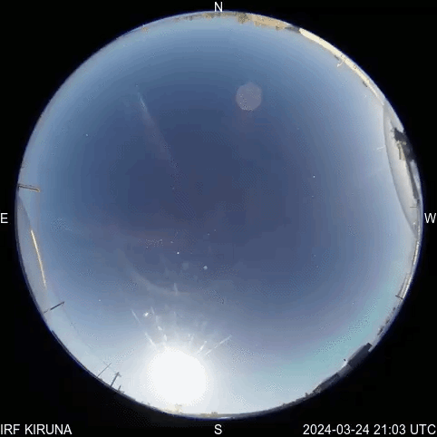 Aurores boréales visibles en Suède lors de l'arrivée de la tempête solaire dans la nuit du 24 mars 2024. © <em>Swedish Institute of Space Physics</em> 