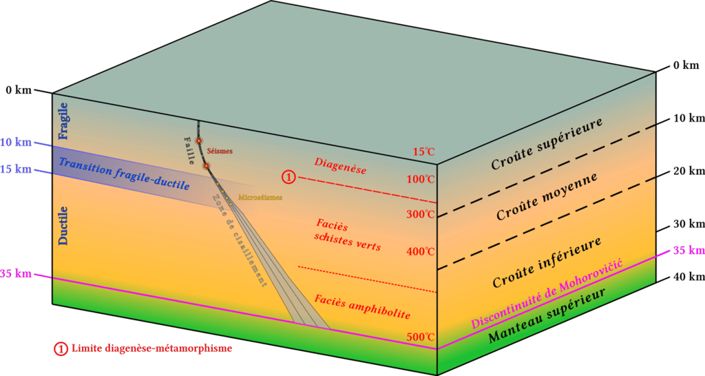 Bloc diagramme schématisant la structure de la croûte continentale dans un modèle à trois couches. © Géodigital, Wikimedia Commons, CC by-sa 4.0