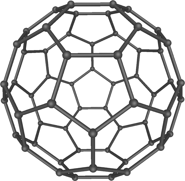Structure du buckminsterfullerène qui pourrait être présent au centre des nouveaux cristaux de graphite identifiés dans la poussière de la météorite. © Mstroeck, Wikimedia Commons, CC by-sa 3.0 