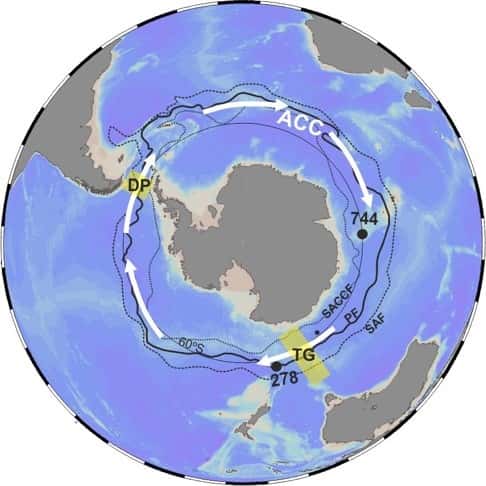 Sens de rotation du courant circumpolaire antarctique (CCA) et positions des sites d'enregistrements climatiques (278 et 744). © Evangelinos et al. 2024, <em>Nature Geoscience</em>
