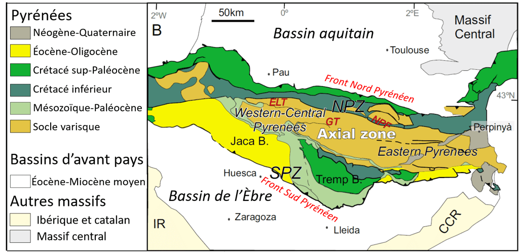 Carte géologique simplifiée des Pyrénées. © Maria Ortuño, Marc Viaplana-Muzas, <em>Wikimedia Commons</em>, CC by-sa 4.0