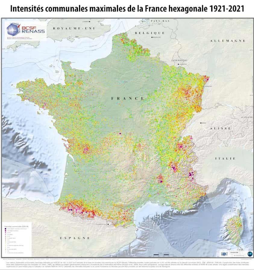 Carte de données macrosismiques pour la France entre 1921 et 2021. © BCSF-Rénass