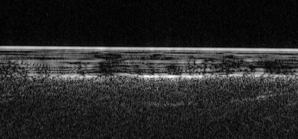 Signal radar enregistré en 2018 par Mars Express, imageant la calotte du pôle Sud de Mars. Le niveau brillant du haut représente la surface de la glace. Le niveau brillant inférieur a été interprété comme une poche d'eau liquide. © ESA, Nasa, JPL, ASI, Univ. Rome ; R. Orosei et al 2018
