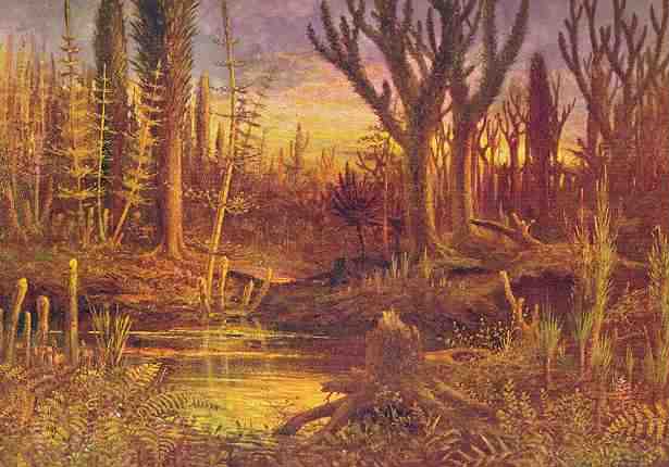 Paysage du Dévonien, marqué par un très rapide développement des plantes à racines. © Eduard Riou (1838-1900), <em>The World Before the Deluge 1872</em>, États-Unis, Wikimedia Commons, domaine public