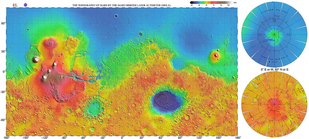 Topographie de la surface de Mars mettant en évidence la dichotomie martienne : l'hémisphère nord est globalement plus bas que l'hémisphère sud, en lien avec une épaisseur de croûte différente. © Nasa / JPL / USGS
