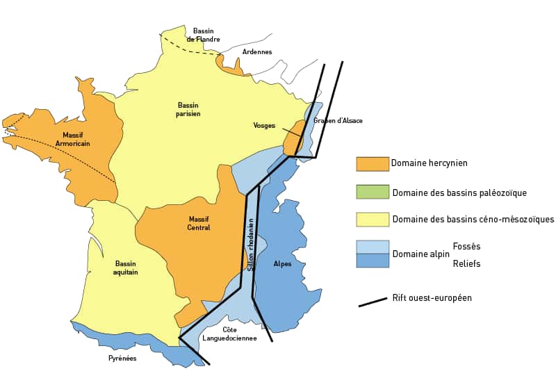 Carte des grands domaines géologiques de France métropolitaine. © Teper, <em>Wikimedia Commons</em>, CC by-sa 3.0 