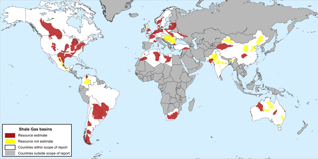 Les réserves estimées en gaz de schiste (en rouge). © <em>Energy Information Administration</em>, Wikimedia Commons, domaine public