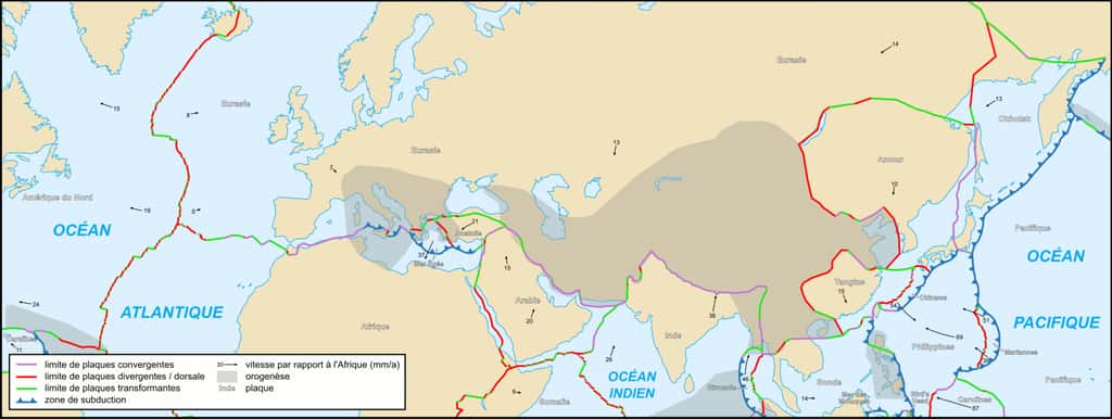 Extension géographique de la plaque Eurasiatique. © Sting and Rémih, <em>Wikimedia Commons</em>, CC by-sa 2.5