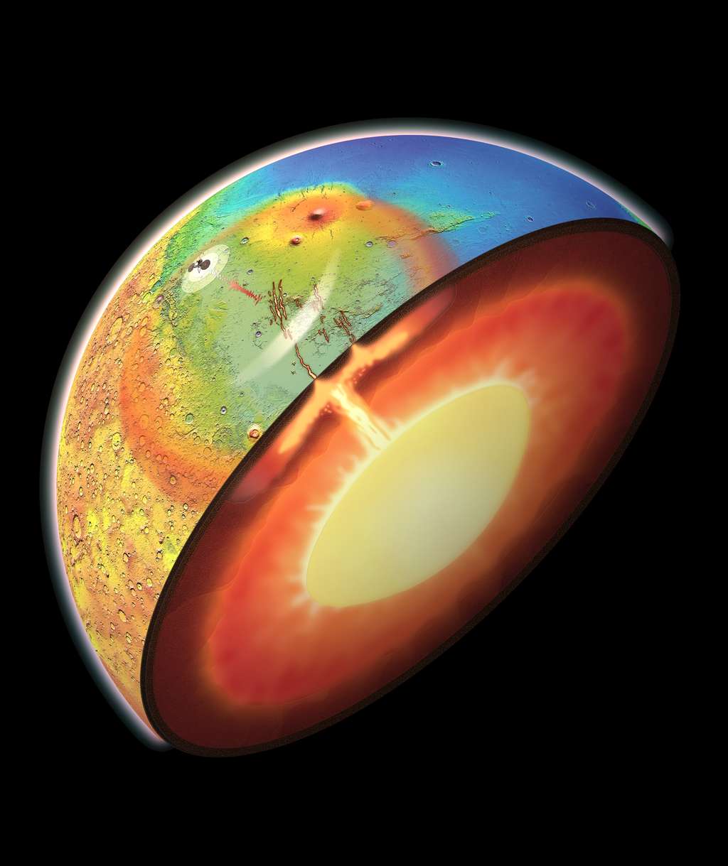 Contrairement à sa surface en apparence morte, le manteau de Mars serait bien animé de courants de convection donnant naissance à un grand panache mantellique. © Adrien Broquet & Audrey Lasbordes
