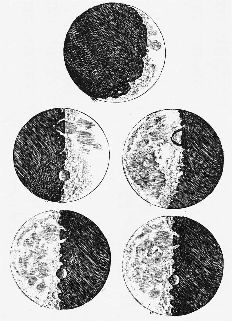 Les dessins de Galilée représentant la topographie de la Lune. © Galileo, Wikimedia Commons, domaine public