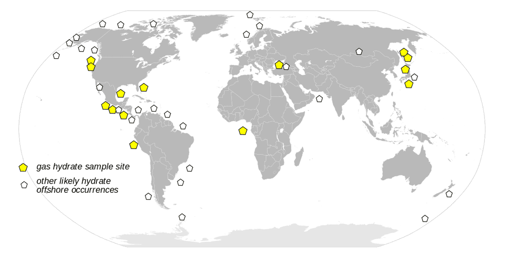 Répartition des réservoirs connus d'hydrates de méthane. © US Gov, <em>Wikimedia Commons</em>, domaine public
