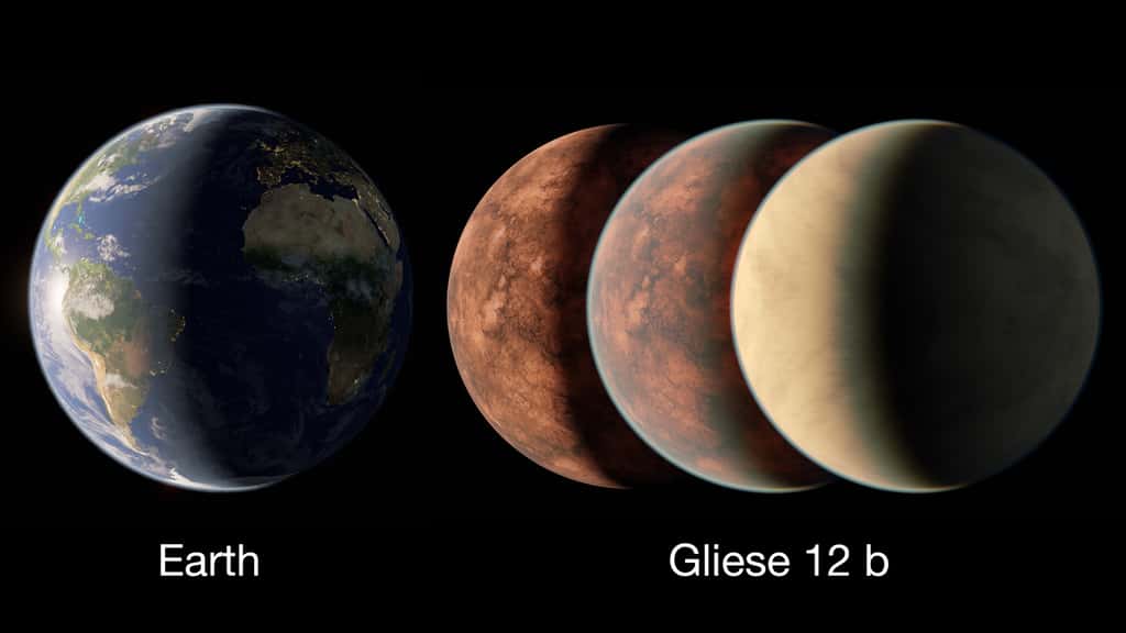 Comparaison entre la Terre et les différentes estimations de taille de Gliese 12 b. Les trois exemples sont présentés avec des scénarios atmosphériques différents, absence d'atmosphère à gauche, atmosphère terrestre au milieu, et atmosphère vénusienne à droite. © Nasa, JPL-Caltech, R. Hurt (Caltech-IPAC)