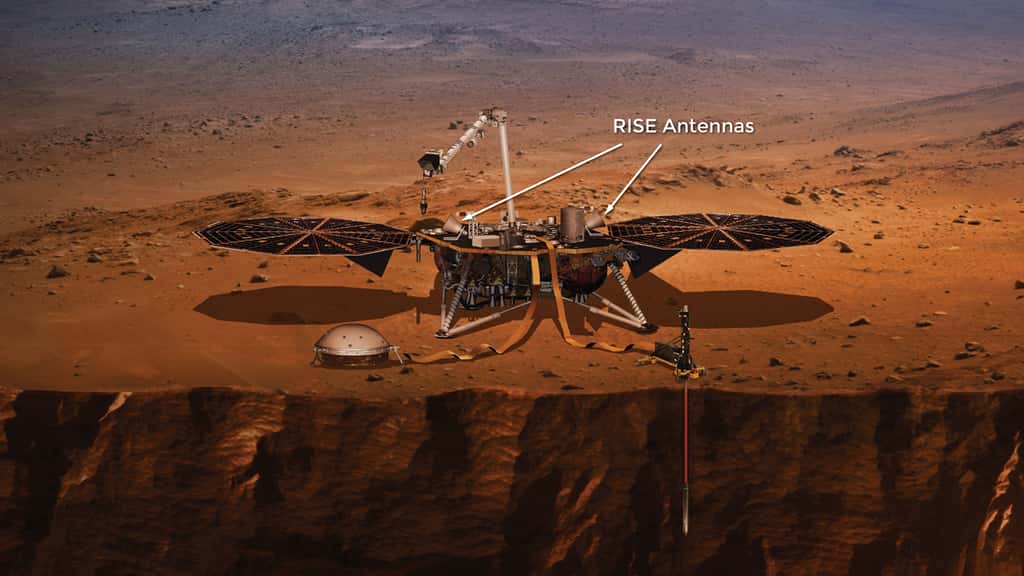 L'atterrisseur Insight à la surface de Mars (vue d'artiste) et la position des deux antennes de l'instrument Rise qui permettent d'étudier les oscillations de l'axe de la planète. © Nasa