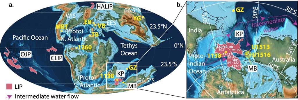Carte présentant la paléogéographie du milieu du Crétacé avec l'emplacement des différents plateaux basaltiques susceptibles d'être à l'origine de l'OAE 2 : HALIP (LIP de l’Extrême-Arctique), CLIP (LIP des Caraïbes ), OJP (Ontong Java Plateau), KP (Kerguelen Plateau). © Walker-Trivett et al. 2024, <em>Nature communications</em>
